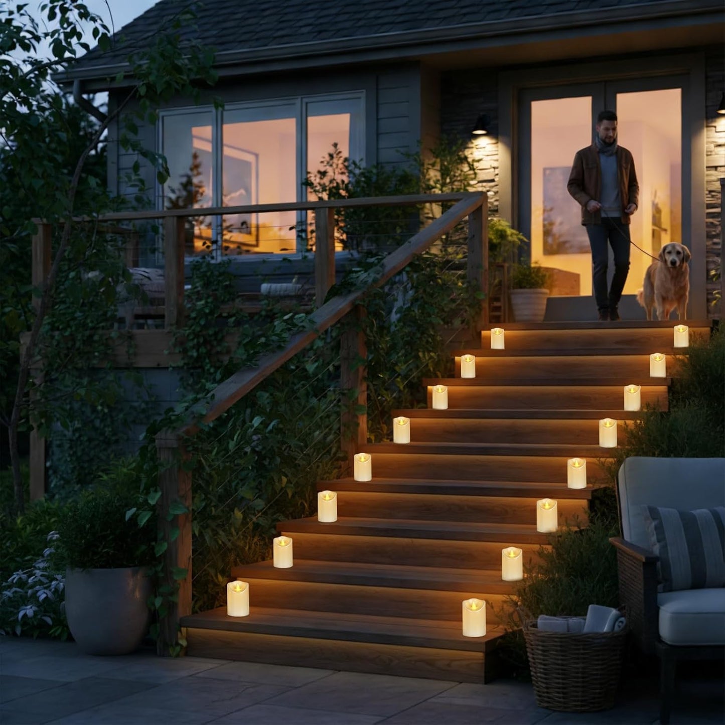 Outdoor Indoor Flameless Candles, Patented 3D Dual-LED, Set of 6 Slanted Top Durable Plastic Pillars with 2 Remotes & Timer, Non-Melting Waterproof Battery Candles for Patio Garden (Ivory)