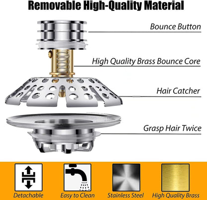 Anlige Bathroom Sink Drain Strainer, 2PCS 3 in 1 Pop Up Bathroom Sink Stopper with Removable Brass Basket Hair Catcher, Universal Sink Plug for 1.06 to 1.6in Drain Hole, Chrome Silver