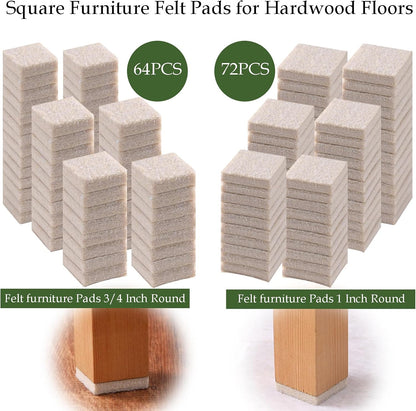 Fursafe&Q Felt Furniture Pads for Hardwood Floors - Self Adhesive Chair Felt Pad, Furniture Feet Floor Protectors, Furniture Sliders Protect from Nicks and dents, Anti Scratch 136 Pcs Beige Square