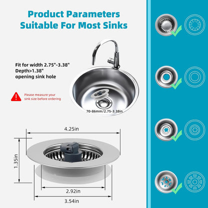 Hibbent 3 in 1 Kitchen Sink Drain Strainer, Stainless Steel Wrapped Shell Drain Stopper Combo, Pop Up Sink Stopper, 3 Anti-Clogging Basket Strainer with Foldable Handle for US Standard 3-1/2" Drain