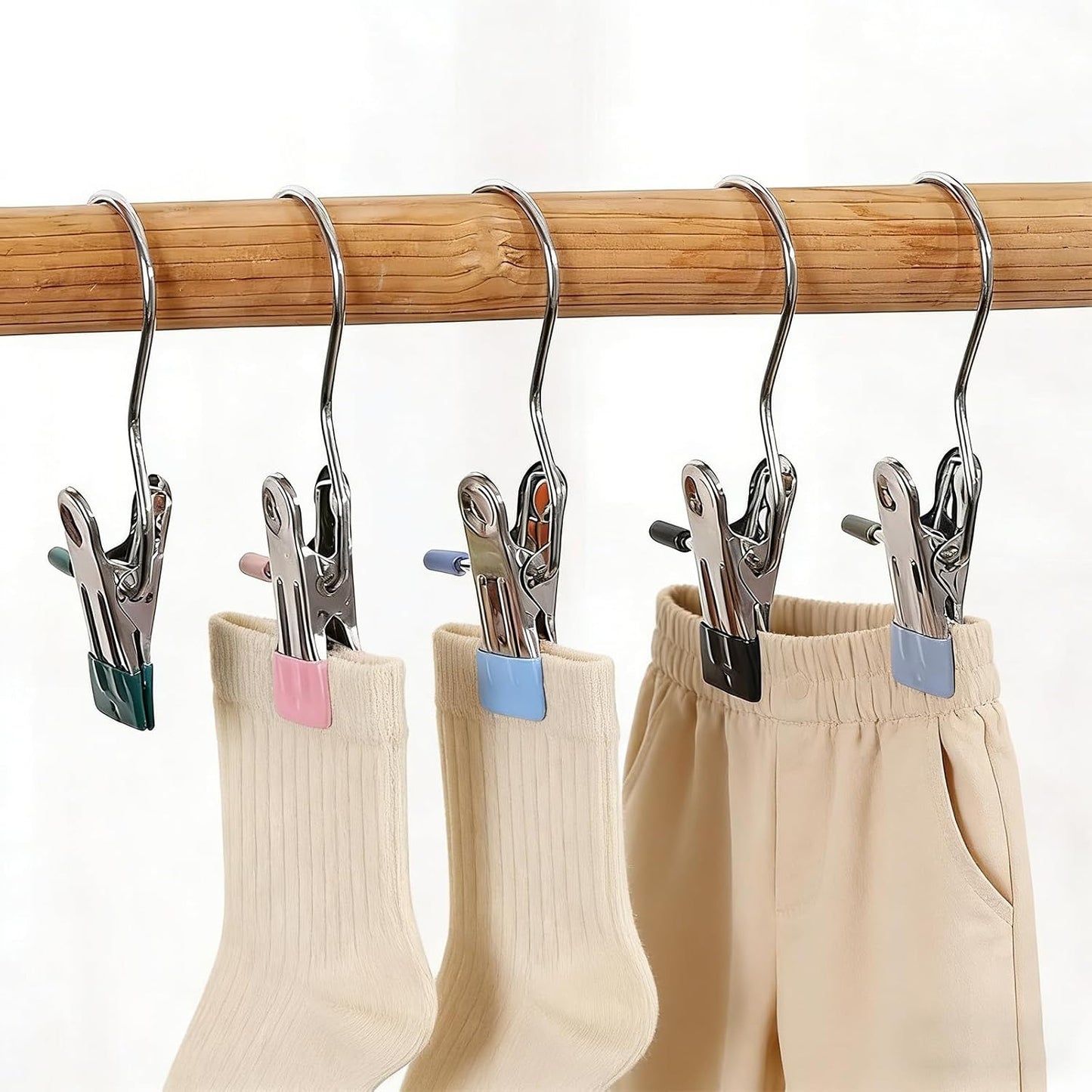 12PCS Clips for Hangers, Clothes Pins for Towels Belts, Mixed | 360° swivel hook; rubber coated grip; for beach chairs closet boots bags; travel laundry use