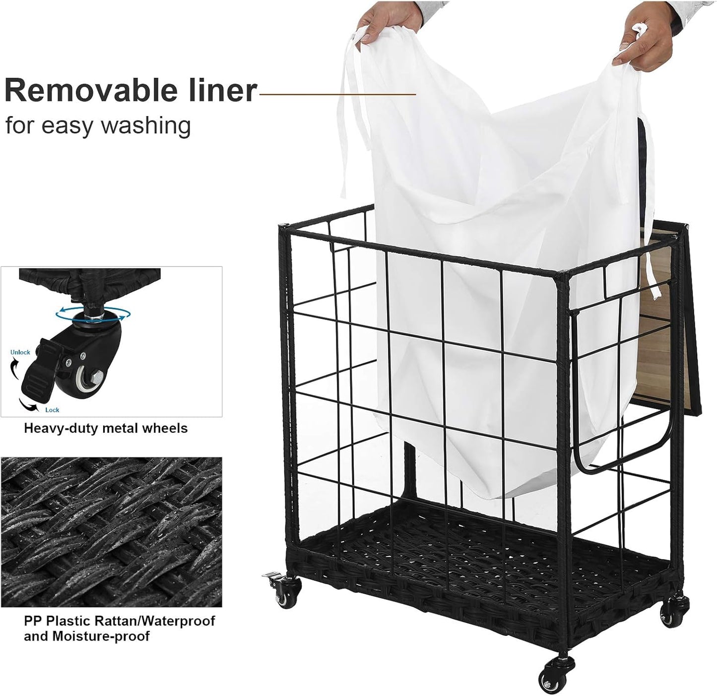 Laundry Hamper with Heavy Duty Caster Wheels; 3 Sections Clothes Hamper with Lid; 132L Laundry Basket with Removable Liner Bag; Laundry Sorter with Metal Handle (White)