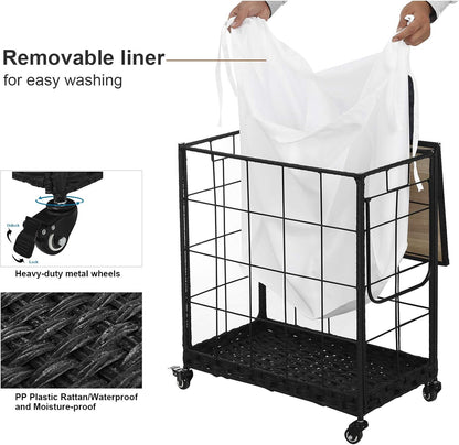 Laundry Hamper with Heavy Duty Caster Wheels; 3 Sections Clothes Hamper with Lid; 132L Laundry Basket with Removable Liner Bag; Laundry Sorter with Metal Handle (White)