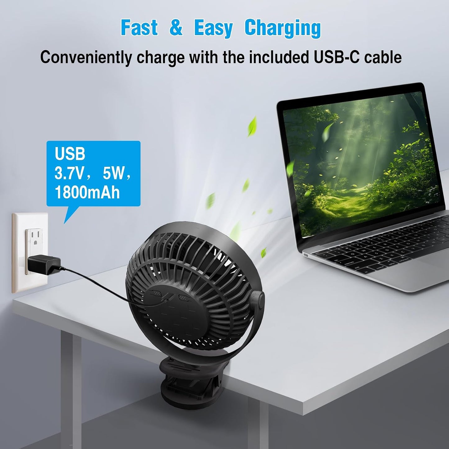 Clip on Fan Rechargeable, 8-Inch Battery Operated Desk Fan, USB Fan,5 Speeds, Strong Airflow, Sturdy Clamp for Golf Cart Office Desk Outdoor Travel Camping Tent Gym Treadmill,Black