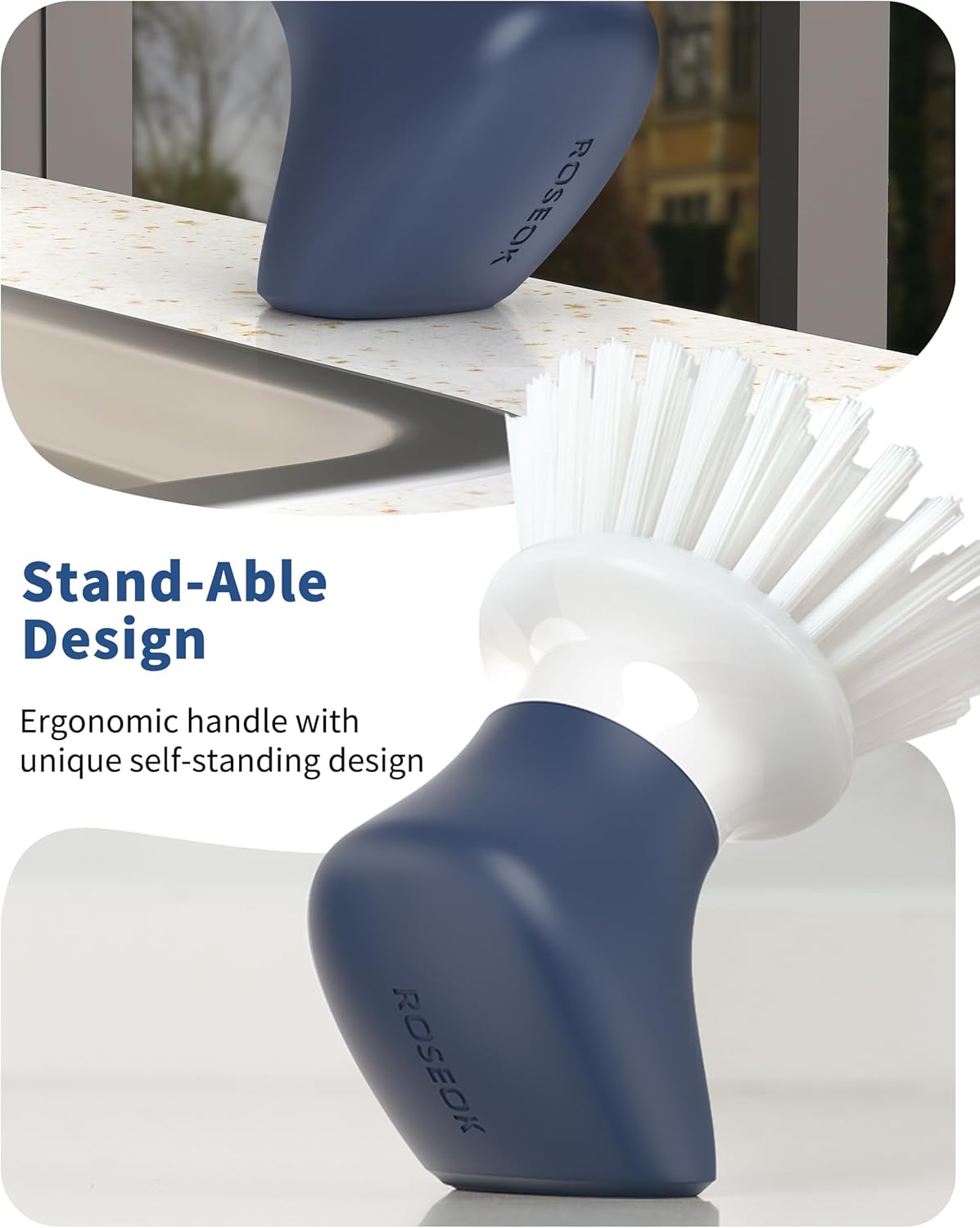ROSEOK Dish Scrub Brush,Self-Standing Palm Brush with Ergonomic Grip for Cleaning Dishes,Non-Stick Pans and Sinks,Navy Blue,2 Pack