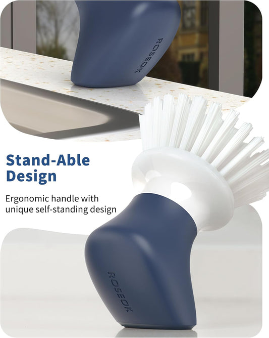 ROSEOK Dish Scrub Brush,Self-Standing Palm Brush with Ergonomic Grip for Cleaning Dishes,Non-Stick Pans and Sinks,Navy Blue,2 Pack