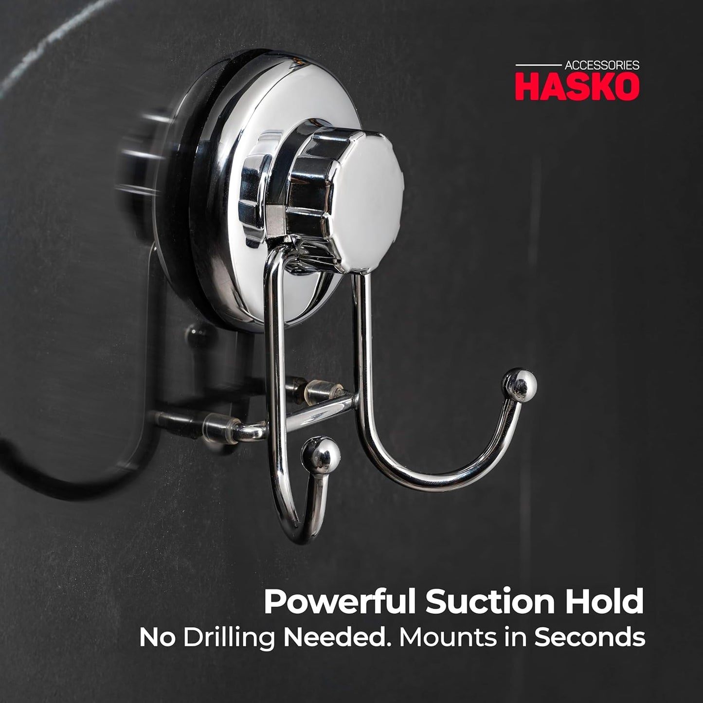HASKO accessories - Suction Cup Hooks for Shower - Towel Hooks for Bathroom Wall Mounted Shower - Bathroom Hooks for Hanging - Stainless Steel SS304 Towel Holders, Black (2 Pack)