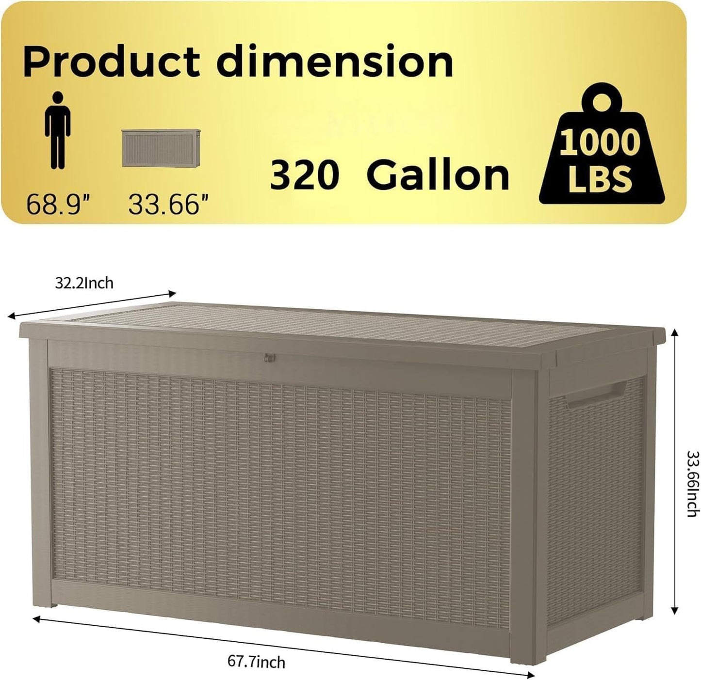 320 Gallon Outdoor Storage Box, Extra Large Waterproof Resin Deck Box with Lockable Lid Storage Bin for Patio Furniture Cushion, Garden Tools, Pool Accessories, UV-Resistant Outside, Black