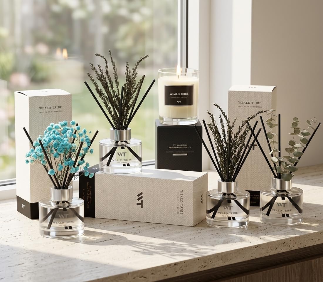 Flower Reed Diffuser Set Wild Eucalyptus Mint Scent for Bathroom Accessories Shelf Decor & Air Fresheners, Sticks Defusers with 5.1 fl oz Essential Oils & Leaves, House Bedroom Office Decor & Gifts