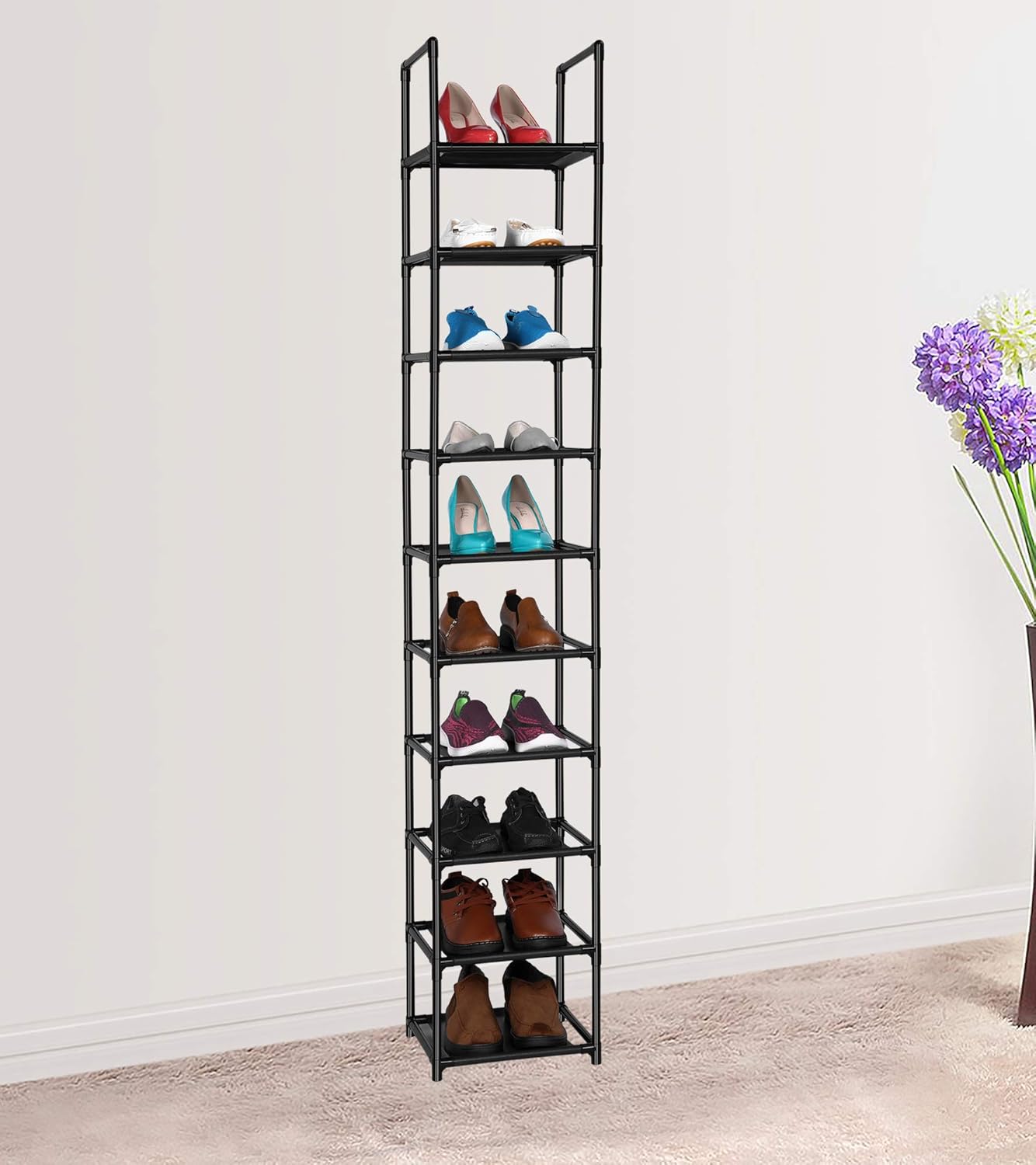 FIDUCIAL HOME 10 Tiers Vertical Shoe Rack 10 Pairs Skinny Shoe Shelf | Tall Narrow Space Saving for Entryway Closet, Easy to Assemble, 11"L x 11"W x 68.8"H