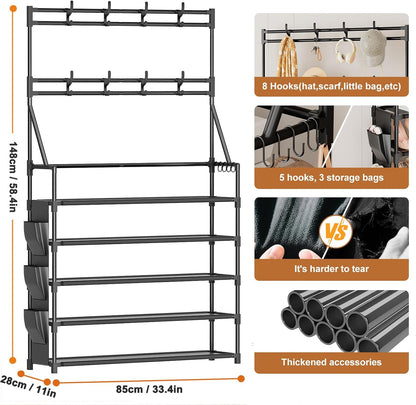 OYREL Shoe Rack, 5 Tier Shoes Storage Organizer, with Functional Hooks and Side Pocket, 20-25 Pairs, for Closet/Entrance/Entryway, Sneaker and Boot Stackable Free Standing Shoe Rack