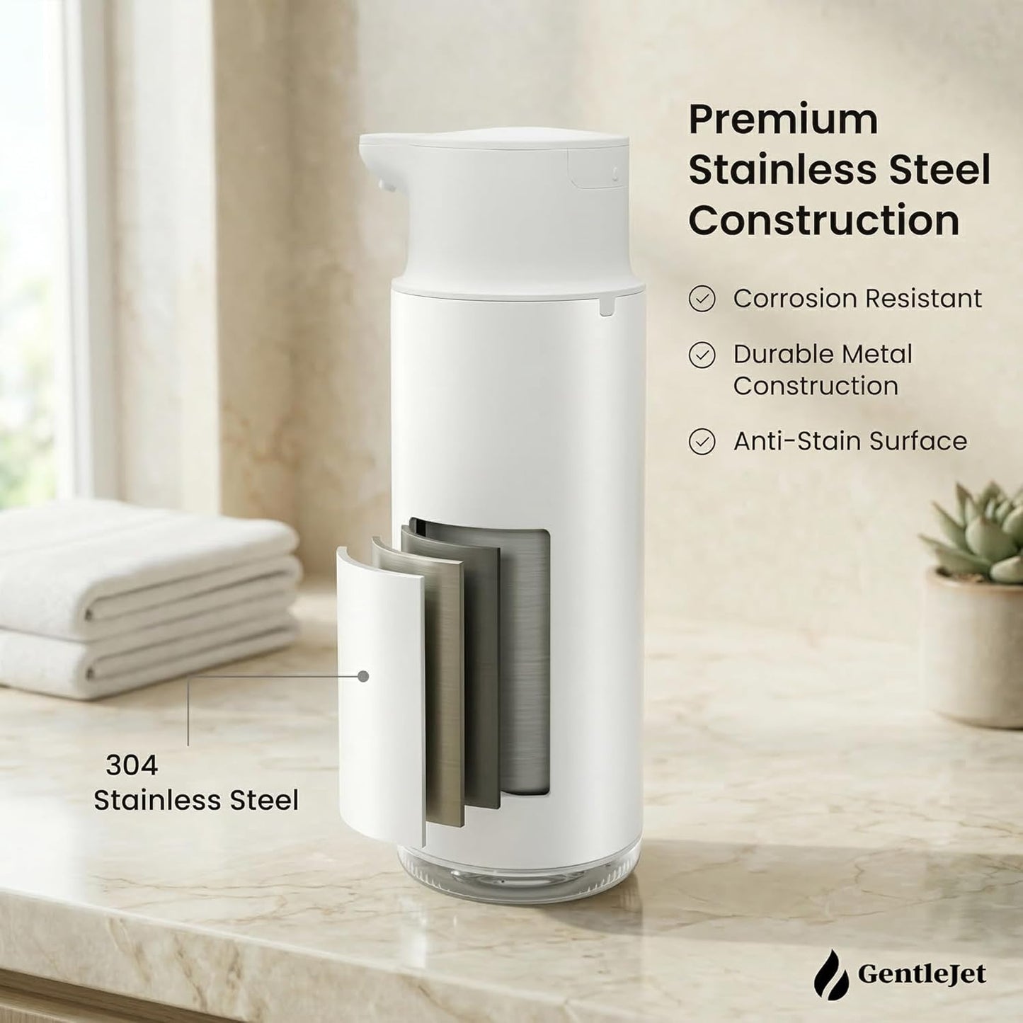 GentleJet CrystalJet Automatic Foam Soap Dispenser – Stainless Steel, Touchless Sensor, USB-C Rechargeable, Waterproof, Modern Bathroom & Kitchen Sink, 300 ml