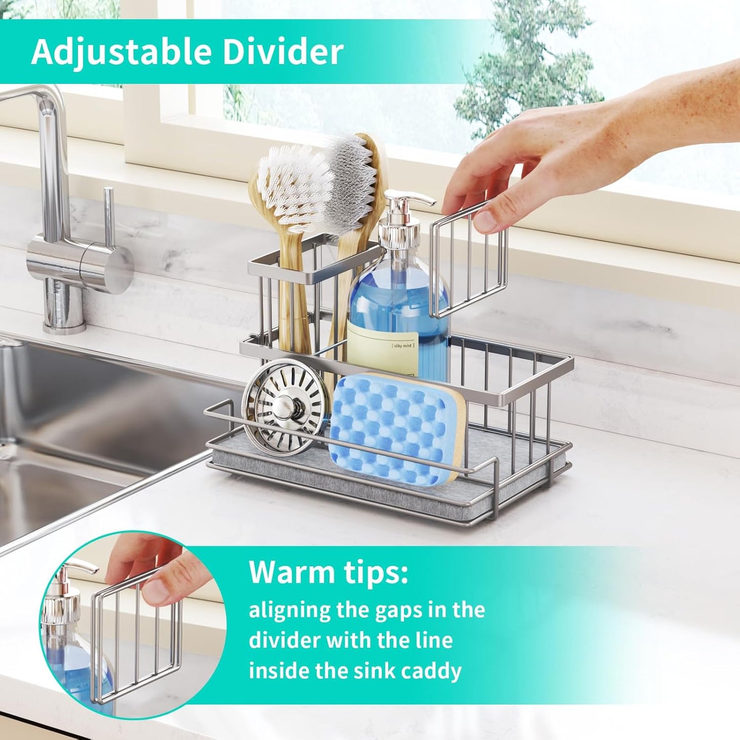 HapiRm Sink Caddy Sponge Holder - Kitchen Sink Organizer with Instant Drying Stone and Brush Holder, Stainless Steel Sponge Caddy for Kitchen Countertop - Black