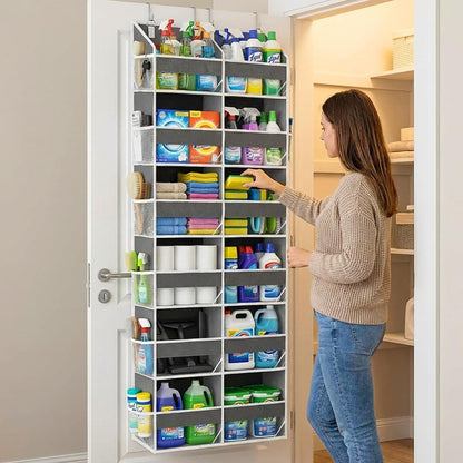 Over The Door Organizer, 5-Tier Extra Large Behind Door Storage with 10 Big Front & 10 Mesh Pockets, 80lb Capacity, Hanging Storage Organizer with Clear Window Kids Toys, Shoes, Diapers, Light Grey