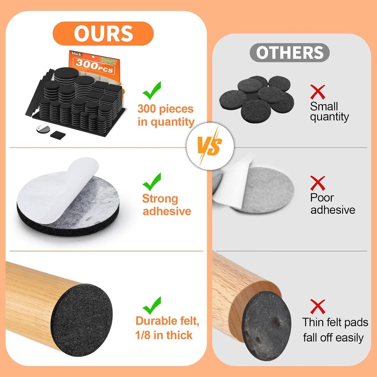 Felt Furniture Pads 300 Pieces, Furniture Pads for Hardwood Floors, Felt Pads for Chair Legs Furniture, Floor Protectors for Furniture Black