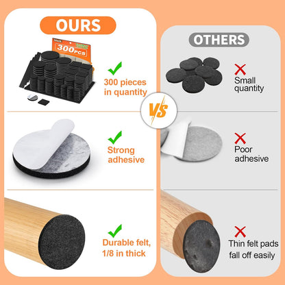 Felt Furniture Pads 300 Pieces, Furniture Pads for Hardwood Floors, Felt Pads for Chair Legs Furniture, Floor Protectors for Furniture Black