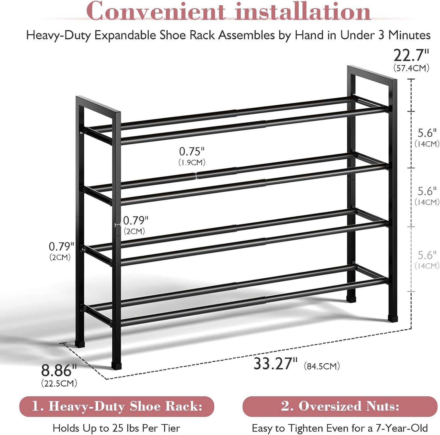 Bumusty 3-Tier Expandable Shoe Rack for Closet, 18“-33” Adjustable Shoe Rack for Small Space, Small Shoe Organizer for Front Door, Sturdy Metal, Black
