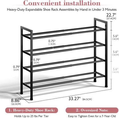 Bumusty 3-Tier Expandable Shoe Rack for Closet, 18“-33” Adjustable Shoe Rack for Small Space, Small Shoe Organizer for Front Door, Sturdy Metal, Black