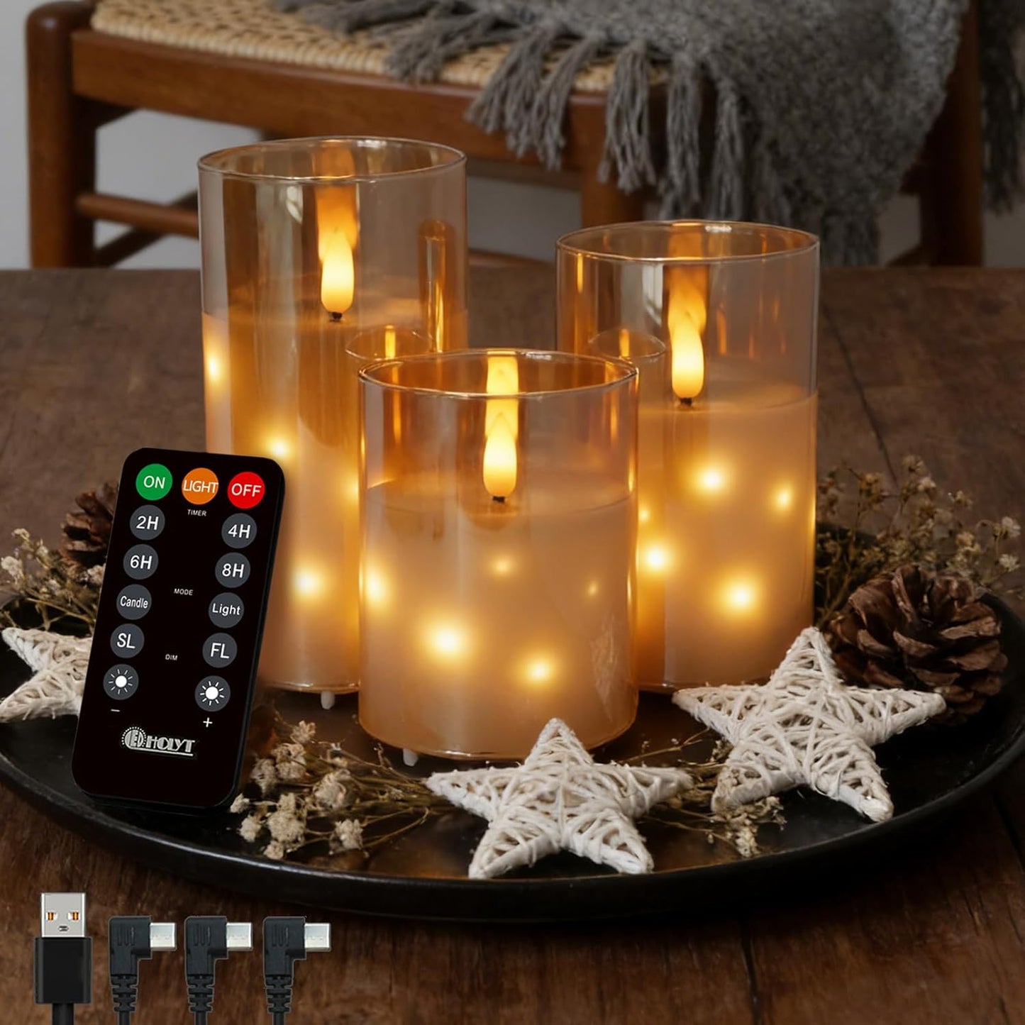 LEDHOLYT Rechargeable Flameless Glass Pillar Candles–Gifts for Women,–Set of 3, Realistic Flickering LED Light,Remote & Timer, Ideal for Living Room, Bedroom & Festival Wedding Home Party Decor