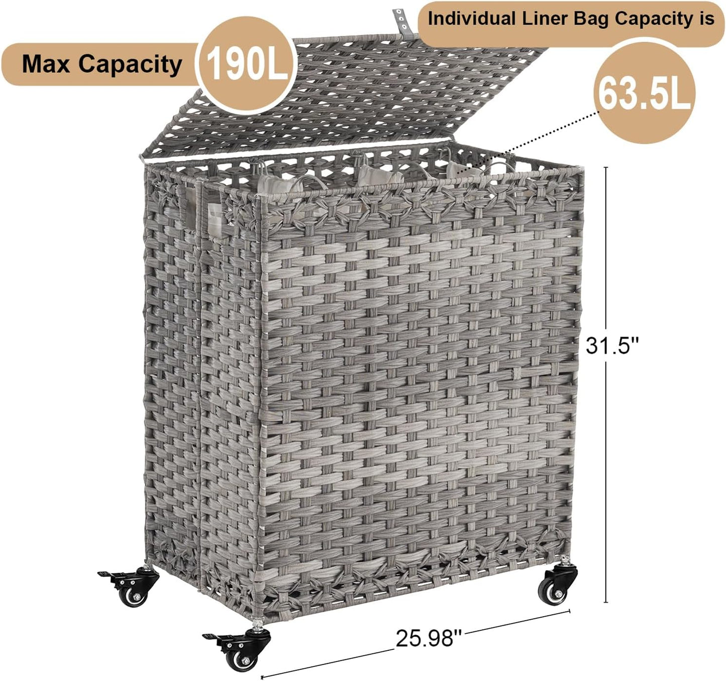 Laundry Hamper with Wheels&Lid, 50.2 Gallons(190L) Rolling Laundry Basket with Wheels, 3-Section Laundry Hamper, Handwoven Rattan Clothes Hamper with 6 Removable Liner& 3 Mesh Laundry Bags, Grey