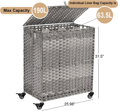Laundry Hamper with Wheels&Lid, 50.2 Gallons(190L) Rolling Laundry Basket with Wheels, 3-Section Laundry Hamper, Handwoven Rattan Clothes Hamper with 6 Removable Liner& 3 Mesh Laundry Bags, Grey