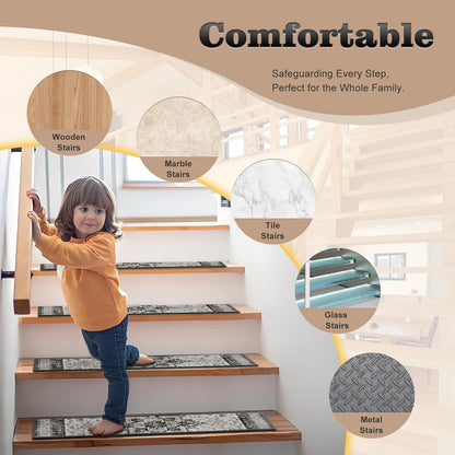 Non Slip Stair Treads for Wooden Steps, 15 Pack 8"x30" Washable Carpet | 8x30 in soft chenille polyester stair treads with reusable TPE backing for indoor wood stairs, dogs, kids, and seniors