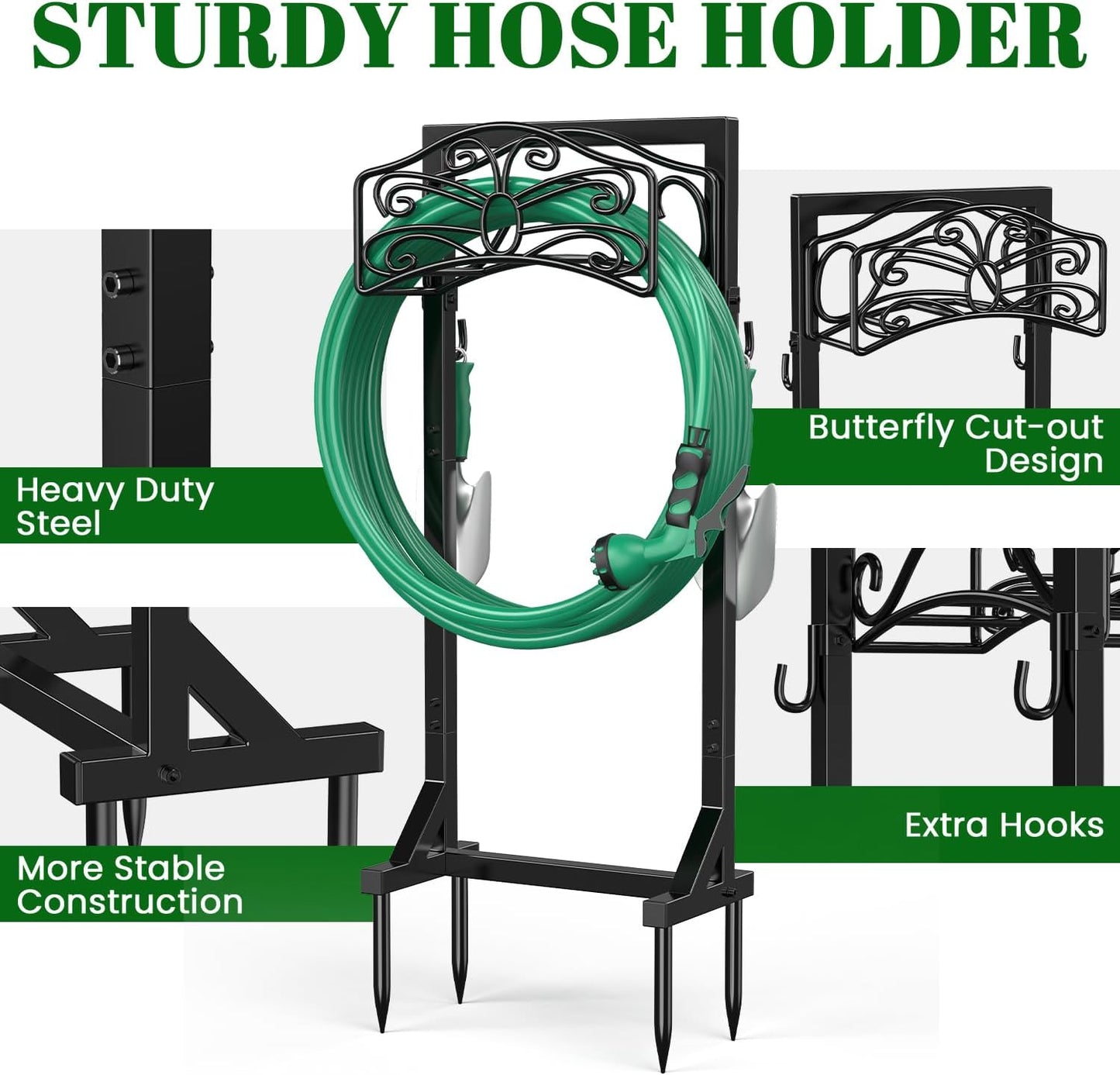 Sunvigor Garden Hose Holder, Heavy Duty Metal Hose Stand with 4 Spikes, Holds Up to 150FT Hose, No Drill Freestanding Hose Reel Alternative for Yard Lawn Outdoor
