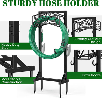 Sunvigor Garden Hose Holder, Heavy Duty Metal Hose Stand with 4 Spikes, Holds Up to 150FT Hose, No Drill Freestanding Hose Reel Alternative for Yard Lawn Outdoor