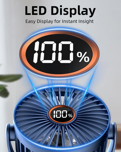 buywoo Portable Mini Personal Fan, Small Rechargeable Battery Powered Stroller Fan for Desk, Strong Clamp Grip, 360° Rotation, 3-Speed, LED Display, Clip On Cooler for Bed, Golf Cart, Office, Blue