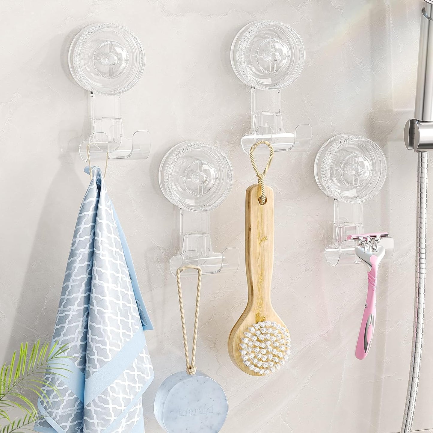 LUXEAR Suction Hooks, 2 Pack Razor Hooks Removable & Reusable Suction Shower Hook Damage-Free Powerful Suction Hanger for Towel Bathrobe Loofah Bathroom Kitchen Storage Hooks Weather Hanger Hook