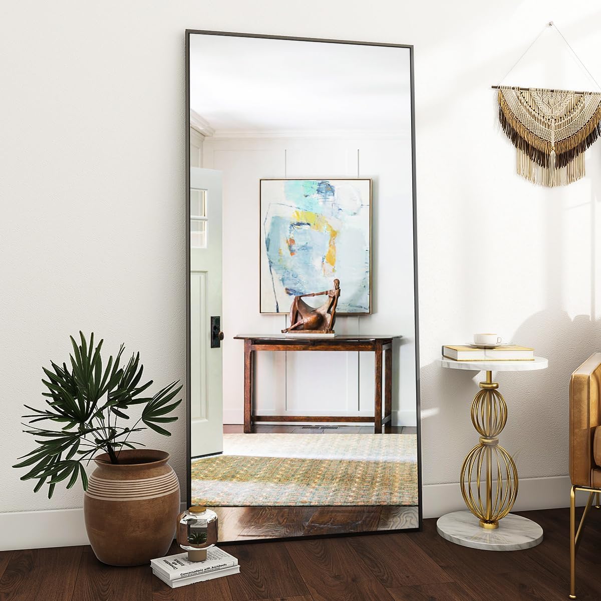 VooBang Mirror Full Length - 21" x 57" Floor Mirror with Stand, Aluminum Alloy Frame Full Body Mirror, Standing Hanging or Leaning Against Wall for Bedroom and Living Room, Black
