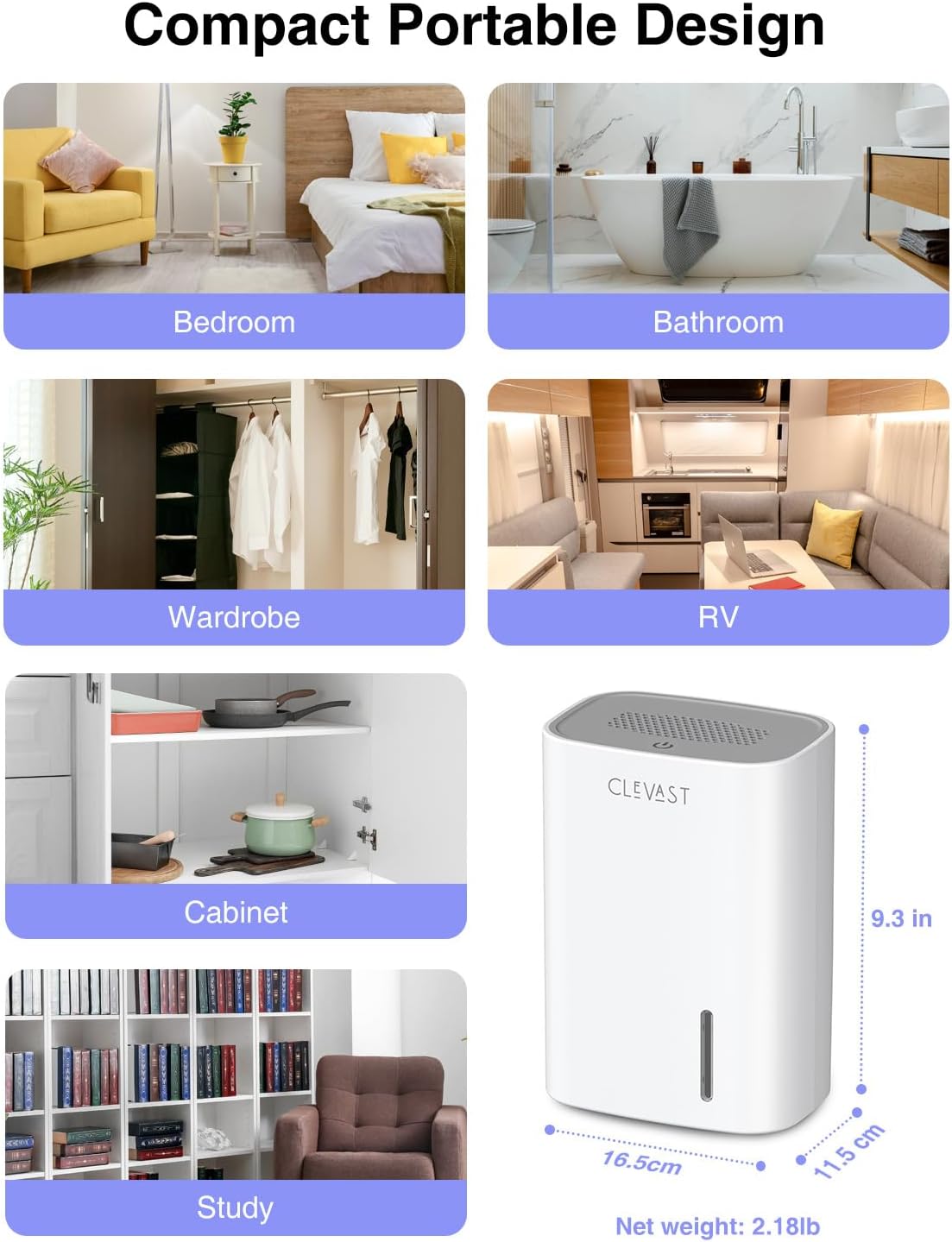 CLEVAST Small Dehumidifier for Home, 30oz Compact Mini Dehumidifier with Auto Shut-Off, Quiet 24dB Portable Air Dehumidifier for Bathroom, Bedroom, Closet, Camper