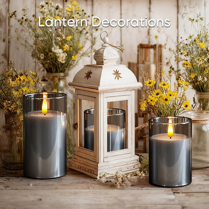 5plots Glass Battery Operated White Flameless Candles with Remote Timer, 3D Wick Real Wax Pillar Led Candles Warm Flickering Light for Indoor Home, Halloween, Christmas Decor, Set of 3, D3 x H4 5" 6"