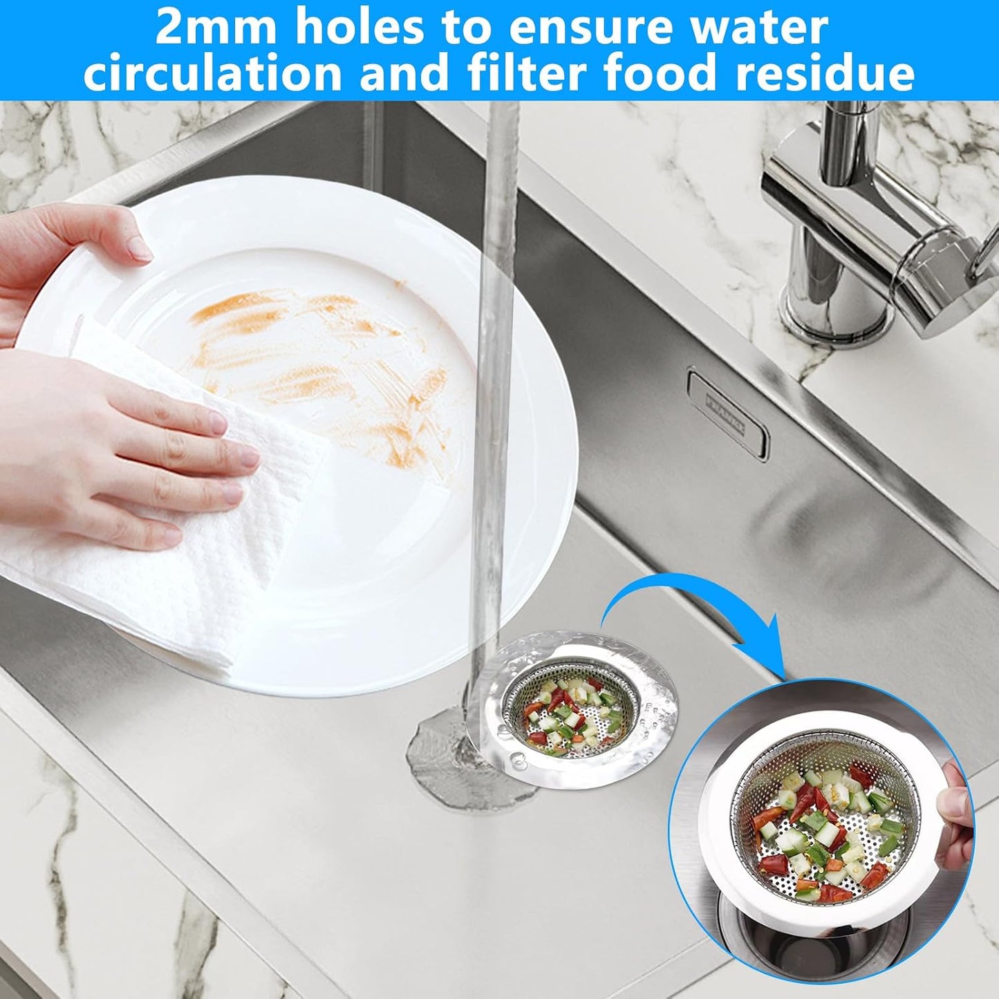 2PCS Sink Drain Strainer Set, 4.5 Inch Outer Diameter | Stainless Steel Ktchen Sink Strainer, Sink Drain Cover Filter Food Catcher Basket,Prevent Clogs and Keep Drains Clear