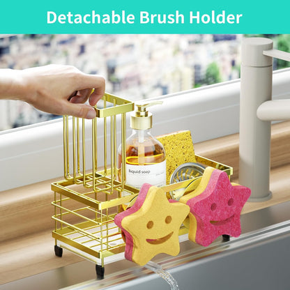 HapiRm Sponge Holder for Kitchen Sink - Self-draining Sink Caddy with Brush and Dishcloth Holders, Stainless Steel Kitchen Countertop Organizers and Storage Essentials - Black