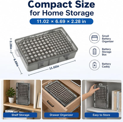 Xuerdon Battery Organizer Case with BT168 Tester 120+ Batteries Storage Box | Clear Plastic Battery Box Holds 49AA 51AAA 10CR2032 10CR1632 Batteries, Wall Mount Drawer Organizer Batteries not Included