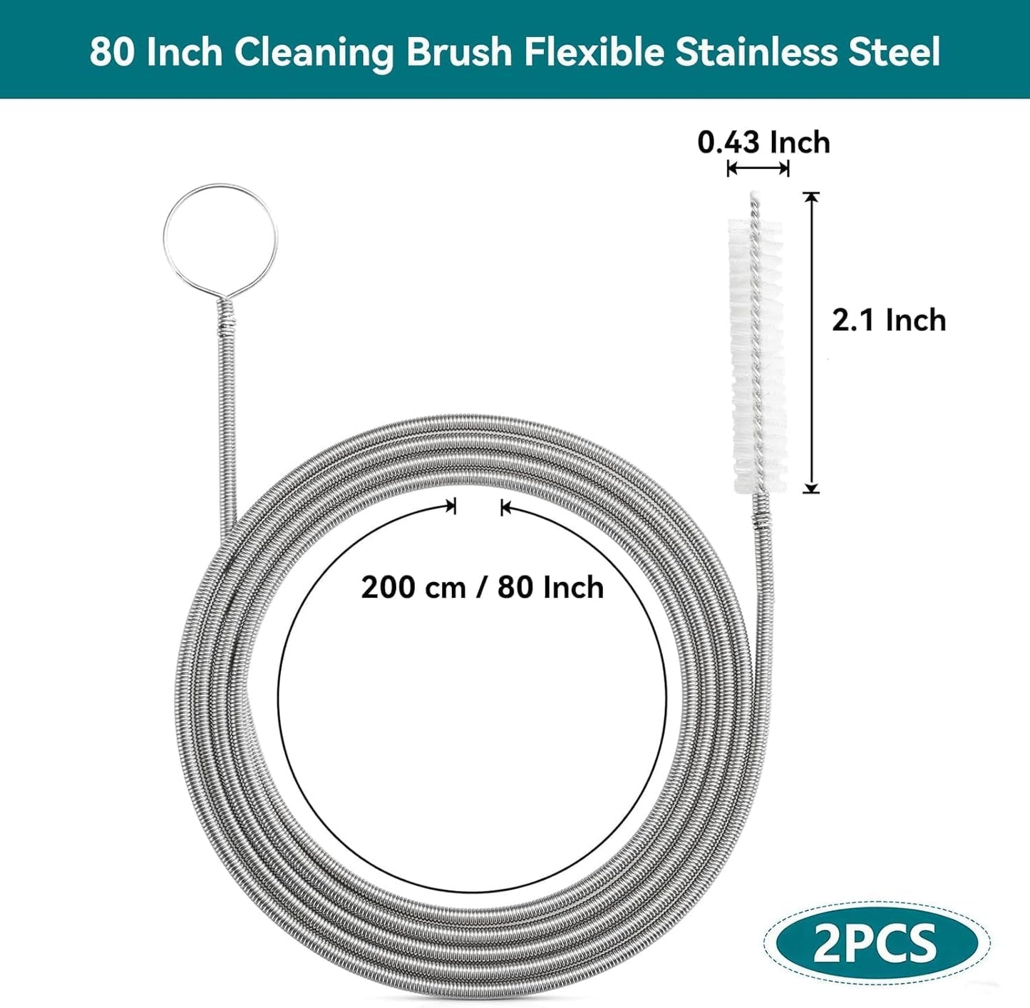 4.92 ft (1.5m) Flexible Drain Cleaning Brush – 2-Pack, Stainless Coil for Car, Fridge, Sinks, Pipes, Hoses, Hair & Grease Clogs