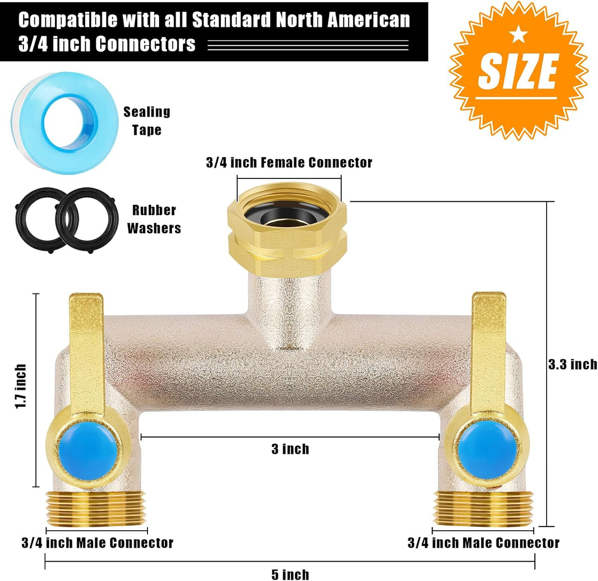 Upgraded Brass Garden Hose Splitter, 3/4" Hose Splitter 2 Way Heavy Duty with Extension Handles, Outdoor Faucet Splitter Water Spigot Splitter with Individual On/Off Valve