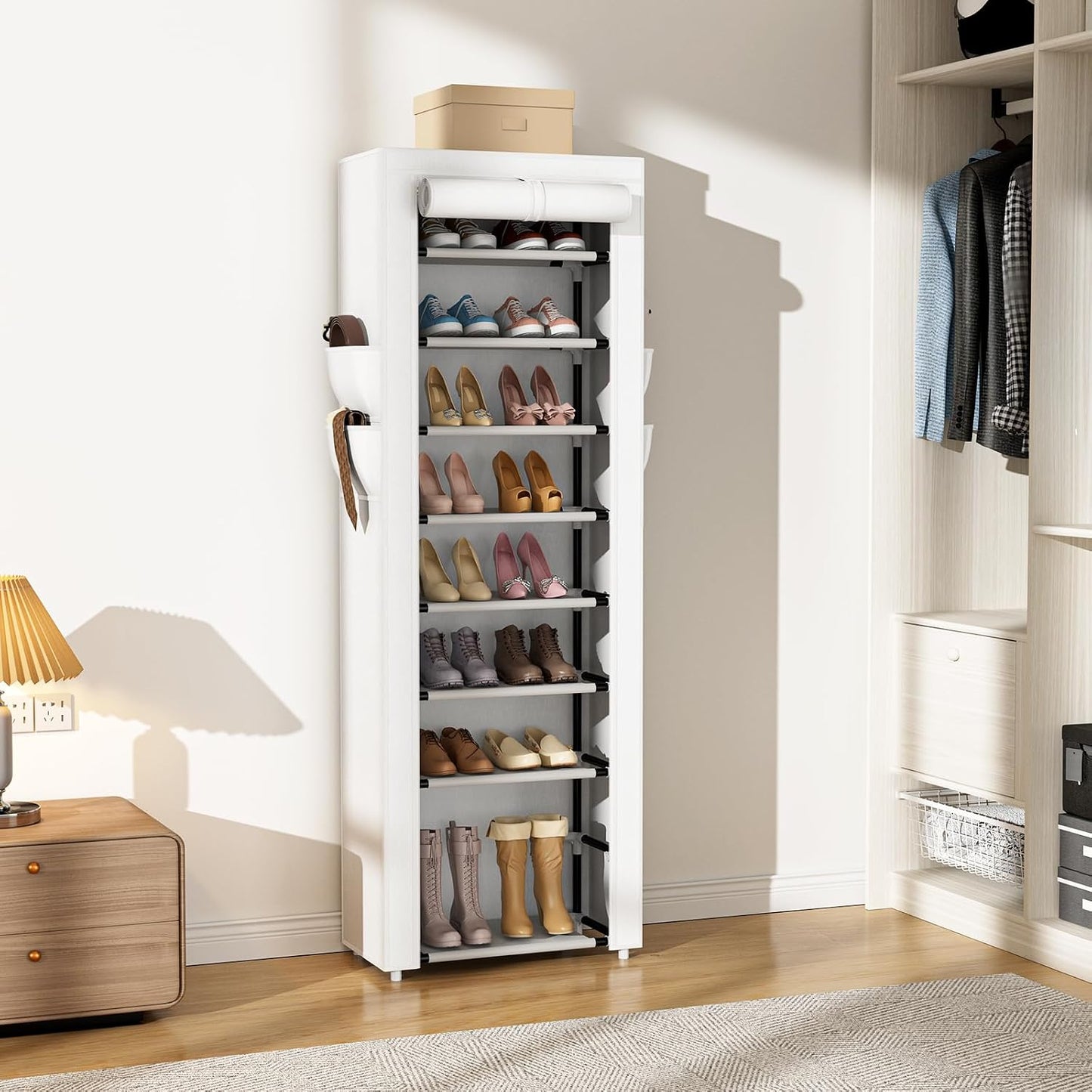 VILICK Shoe Rack with Cover Narrow Shoe Organizer with 4 Side Pockets 10 Tier Tall Shoe Storage Holds 18-22 Pairs Shoes and Boots Shoe Rack for Closet Entryway Garage