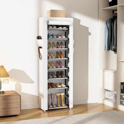 VILICK Shoe Rack with Cover Narrow Shoe Organizer with 4 Side Pockets 10 Tier Tall Shoe Storage Holds 18-22 Pairs Shoes and Boots Shoe Rack for Closet Entryway Garage