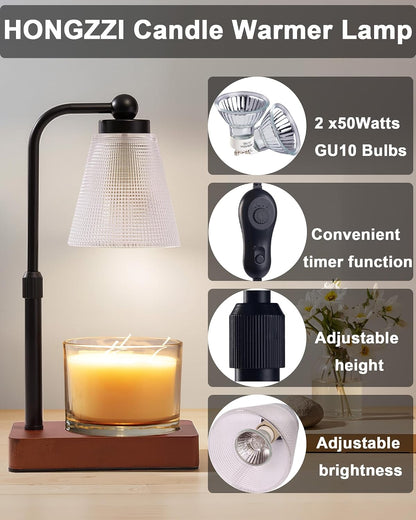Candle Warmer Lamp with Timer - Adjustable Height & Brightness - Wood Base Glass Shade - 2 Bulbs Included(Square Gold)