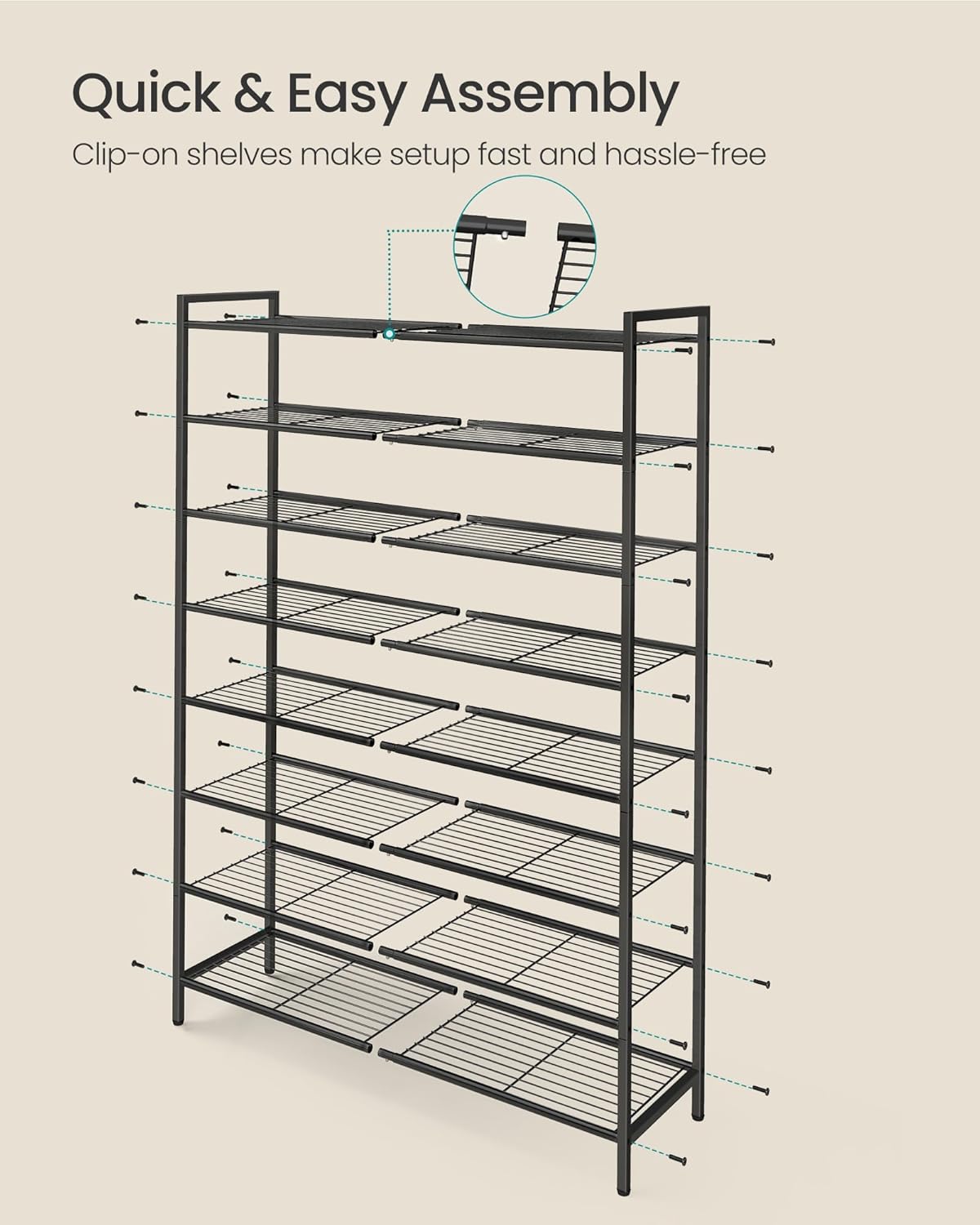 SONGMICS Metal Shoe Rack, Free Standing Shoe Organizer for Entryway Closet Garage Small Spaces, Heavy-Duty Slim Steel Storage Shelf, 8-Tier, Fits 16-24 Pairs, Bronze ULMR028A01