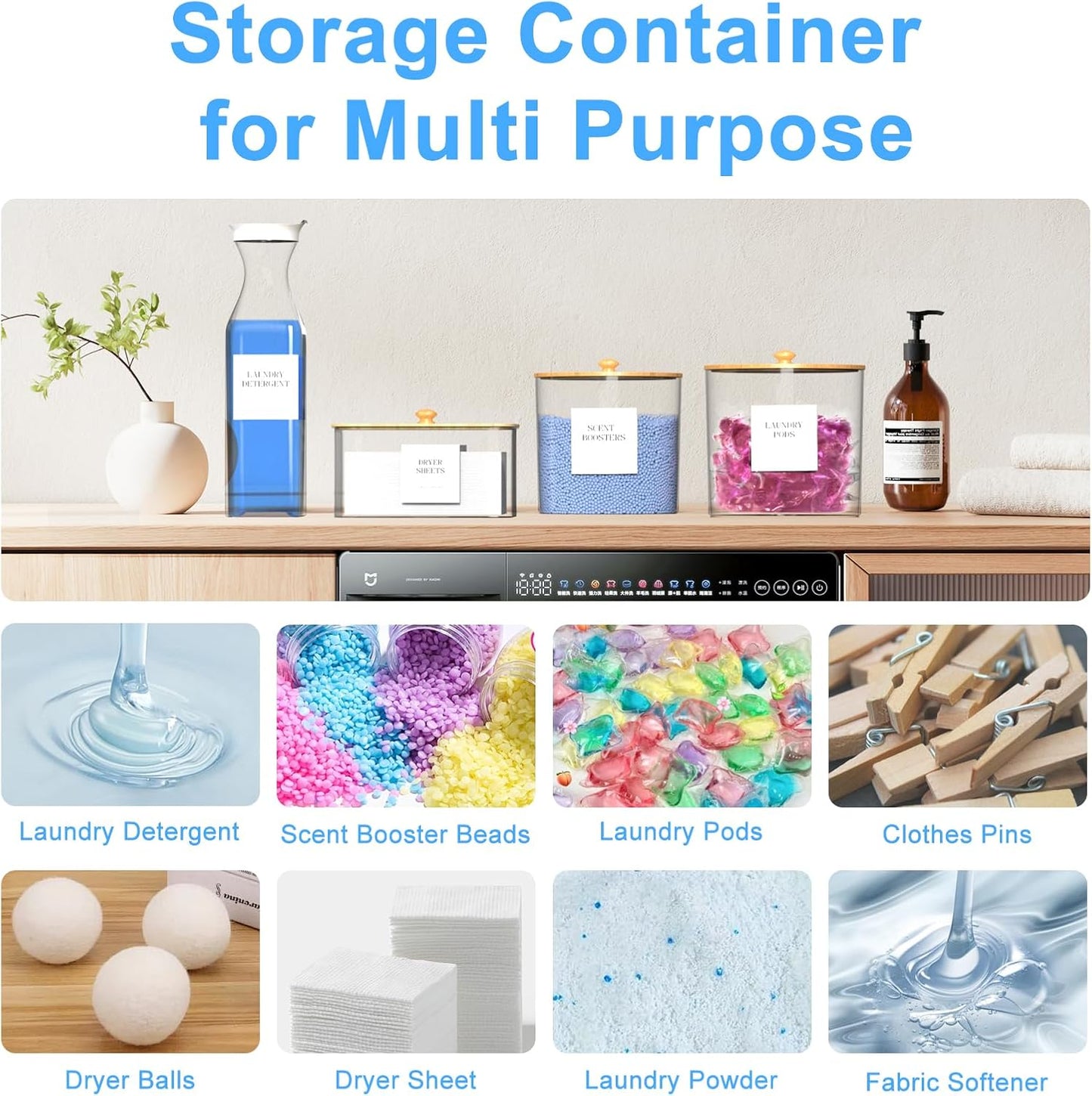 3+1 Pack Laundry Pods Containers & Dryer Sheet Holder & Laundry Detergent Dispenser, Laundry Room Organization and Storage Jars with Lids, Labels and Scoops for Scent Booster Powder Pods, Black Lid