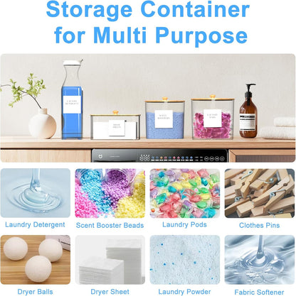 3+1 Pack Laundry Pods Containers & Dryer Sheet Holder & Laundry Detergent Dispenser, Laundry Room Organization and Storage Jars with Lids, Labels and Scoops for Scent Booster Powder Pods, Black Lid