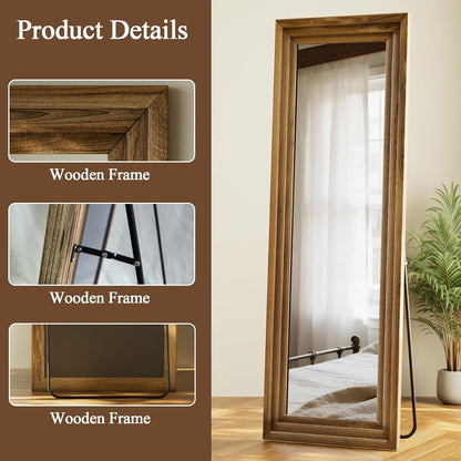 XRAMFY Full Length Mirror 65" x 22", Large Floor Mirror with Solid Wood Frame, Rectangular Style, Freestanding Wall Mounted or Leaning for Bedroom Living Room Entryway, Brown