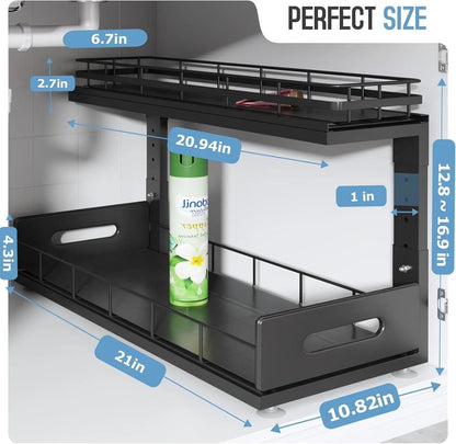 Under Sink Organizer Upgrade To Professional Rails,2-Tier Dual Pull Out Cabinet Storage,Height Adjustable Slide Out Drawers For Bathroom Kitchen,2 Pack-14.5" Dx12.8-16.9" H,White