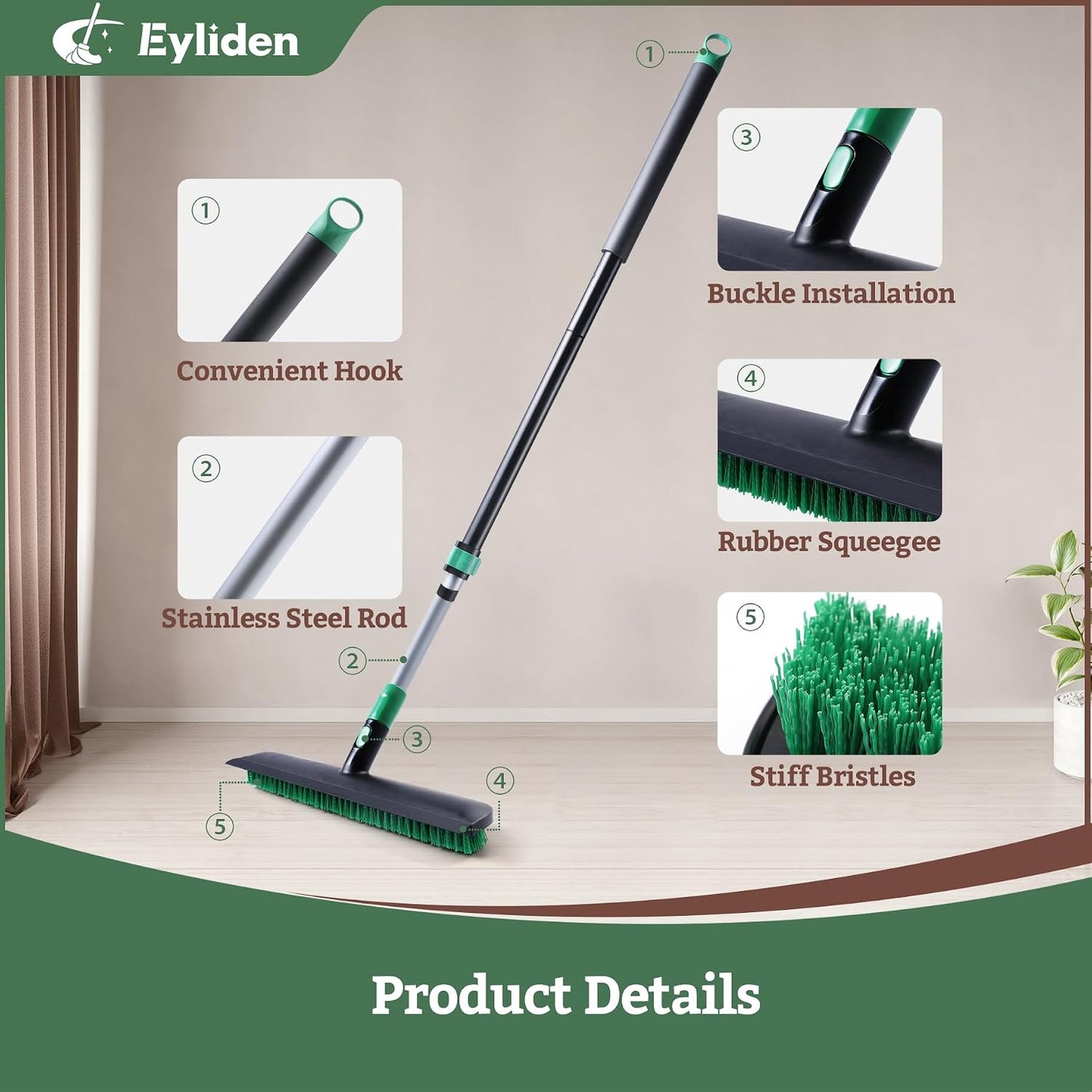 Eyliden Floor Scrub Brush, 15-inch Wide, 55" Long Handle Deck Brush | 2-in-1 Stiff Bristles and Rubber Squeegee, 45° Angle Head, Telescoping Handle, for Bathroom Shower Kitchen Patio Garage