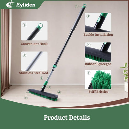 Eyliden Floor Scrub Brush, 15-inch Wide, 55" Long Handle Deck Brush | 2-in-1 Stiff Bristles and Rubber Squeegee, 45° Angle Head, Telescoping Handle, for Bathroom Shower Kitchen Patio Garage