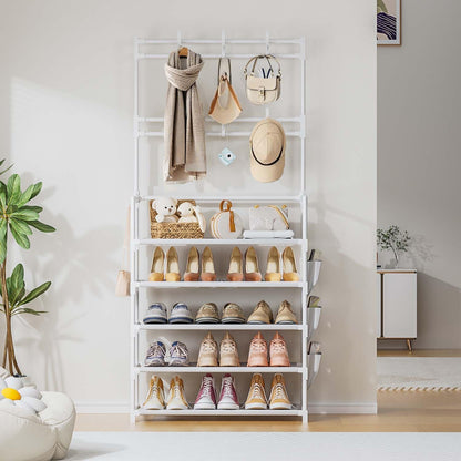 OYREL Shoe Rack 5 Tier Shoe Organizer Storage 15-20 Pairs Shoes Rack for Closet Entrance Shoe Rack Organizer with Hooks and Side Pocket Entryway Shoe Holder Space Saving Free Standing Shoe Racks