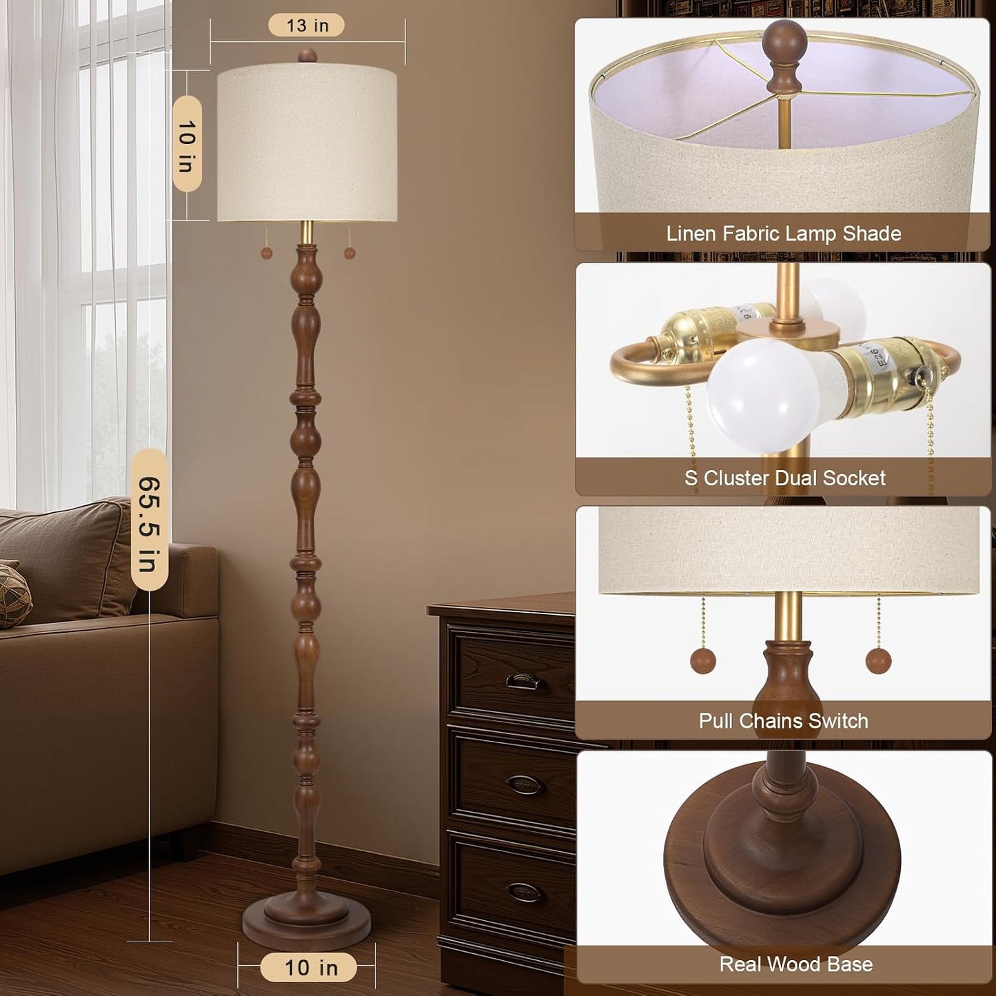 Scenekoy 65.5” Natural Real Wood Floor Lamp for Living Room Bedroom, Dual S Cluster Socket, Pull Chains Switch, Farmhouse Tall Standing Lamp with Linen Shade for Home Room Decor (Bulbs Included)